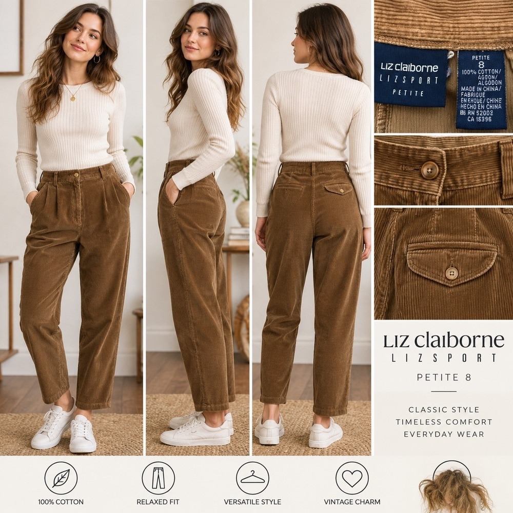 Vintage Liz Claiborne LIZSPORT Corduroy Pants Women 8 Petite Brown High Rise 90s